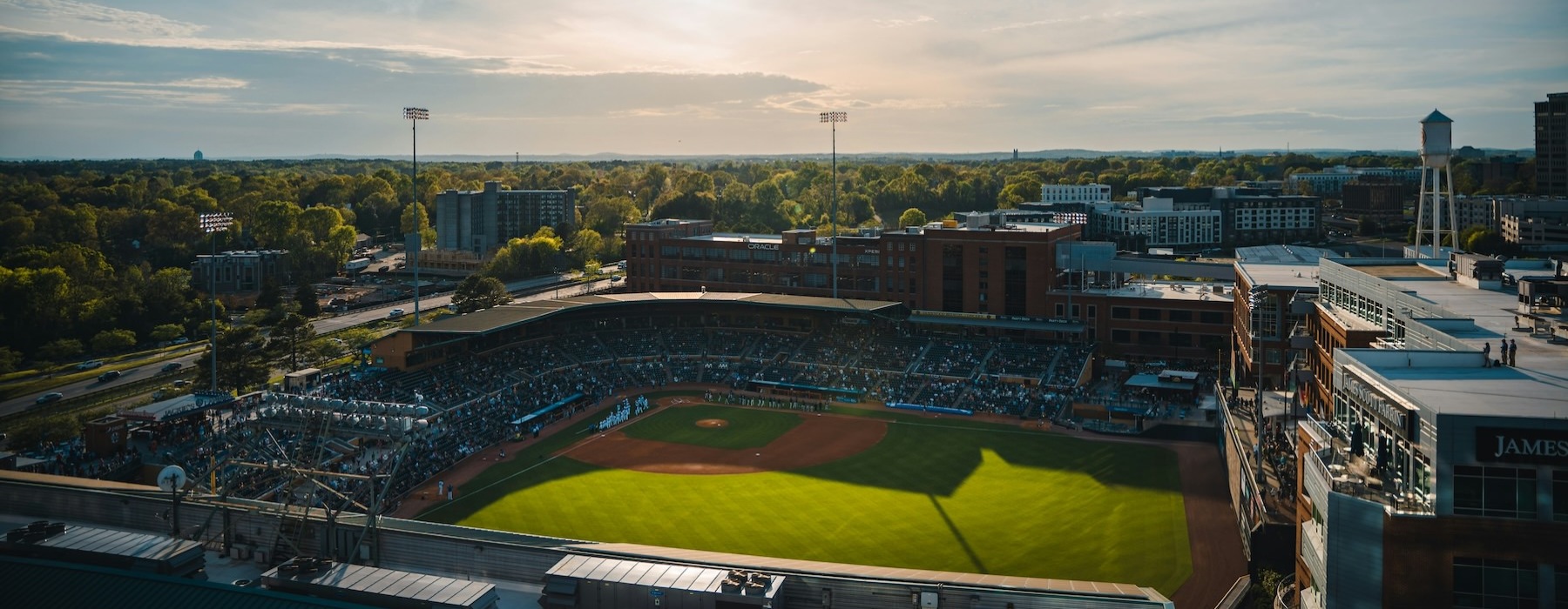 an aerial view of a baseball park